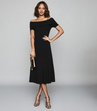 REISS MELISSA BATEAU NECKLINE MIDI DRESS BLACK ~ chic off shoulder dresses ~ lbd