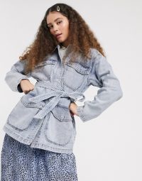 Monki tie waist denim utility jacket in bleach blue