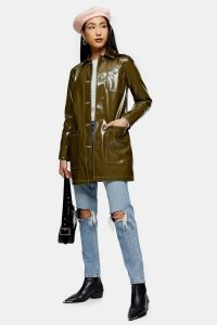 TOPSHOP Olive Vinyl Car Coat – dark green high shine coats