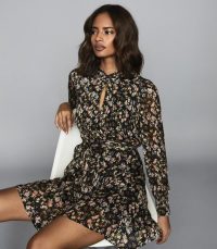 REISS PHILLIPPA SILK BLEND BURNOUT MINI DRESS BLACK ~ feminine printed dresses