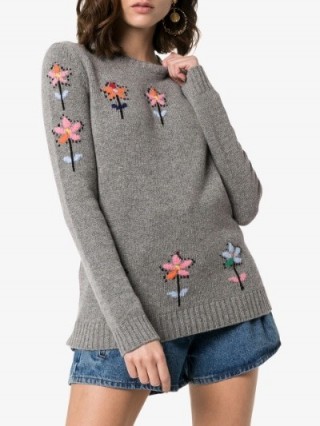 Prada Intarsia Flower Wool Sweater in grey | designer crew necks