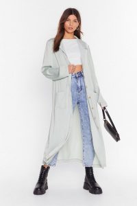 NASTY GAL Sleek in and Sleek Out Satin Duster Jacket in sage – longline lightweight coat