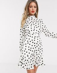 Style Cheat tie neck open back mini skater tea dress in cream polka dot print in mono – black and white dresses