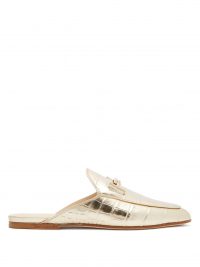 TOD’S T-bar crocodile-effect leather backless loafers in gold ~ luxe flats