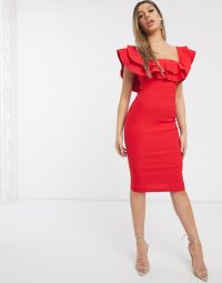 Vesper bardot midi dress in red – ruffled going out dresses