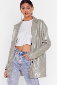 NASTY GAL Vinyl Without You Oversized Jacket in Sage – high shine blazer