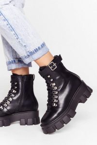 NASTY GAL Walk It Like I Talk It Faux Leather Cleated Boots in Black – chunky soles