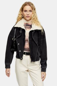 TOPSHOP Washed Black Denim Biker Zip Jacket – casual outerwear