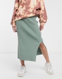 Weekday side split ribbed midi skirt in green