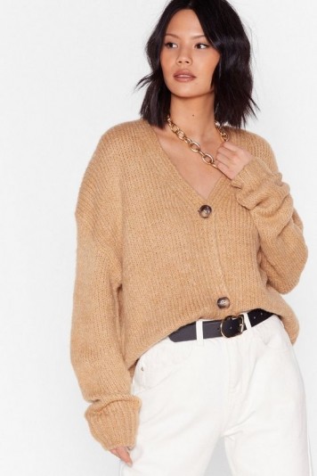 NASTY GAL A Soft Center Oversized Cardigan in camel – slouch drop-shoulder cardigans