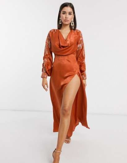 ASOS DESIGN cowl neck satin split maxi dress with cross stitch embroidery in rust – high-octane glamour