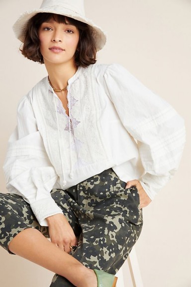 Antropologie Delilah Pleated Lace Peasant Blouse in White