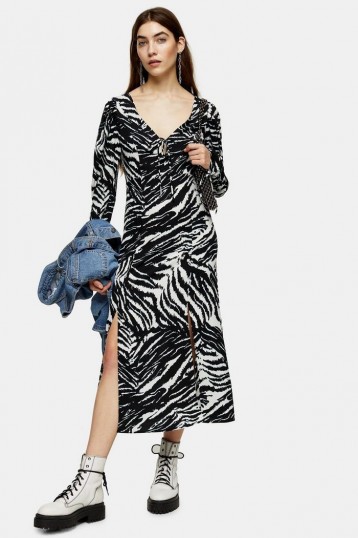 TOPSHOP Black And White Zebra Ruched Sleeve Midi Dress / monochrome dresses