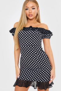 IN THE STYLE BLACK POLKA DOT BARDOT FRILL MINI DRESS – off the shoulder dresses