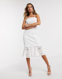 Chi Chi London lace pephem pencil dress in white – detachable shoulder strap dresses – bandeau style