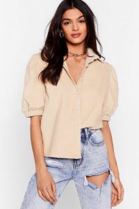 Nasty Gal Cord-uroy to Tears Puff Sleeve Shirt in Ecru