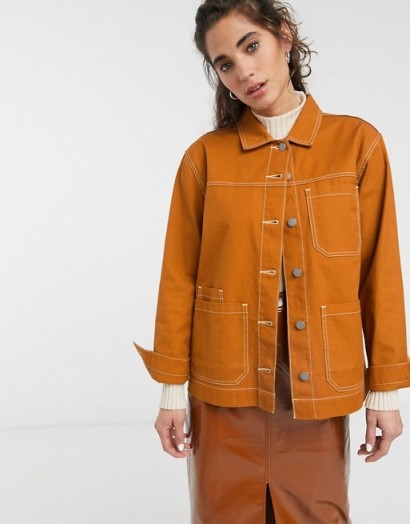 Dr Denim contrast stitch worker jacket in cognac