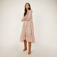 WAREHOUSE FLORAL SWIRL RUFFLE MIDI DRESS NEUTRAL PRINT