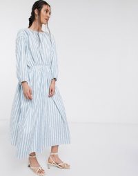 Ghospell maxi smock dress with pockets in blue stripe