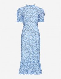 GHOST Solene floral print maxi dress in blue / frill trimmed dresses