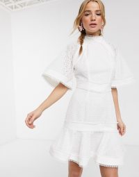 Keepsake high neck ardour embroidered mini dress in procelain – high neck ruffled hem dresses