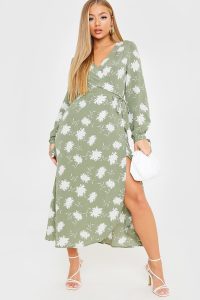 IN THE STYLE KHAKI LARGE FLORAL PRINT WRAP MIDI DRESS