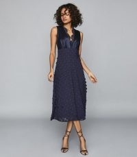 REISS LENI JACQUARD SPOT MIDI DRESS NAVY ~ blue sleeveless dresses