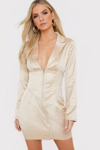 IN THE STYLE LIGHT GOLD SATIN CORSET WAIST MINI DRESS – plunge front neckline