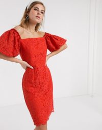 Little Mistress lace pencil dress with balloon sleeve in tangerine | orange bardot dresses