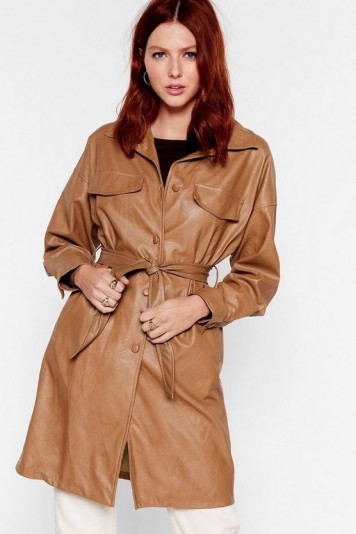 NASTY GAL Love Faux Leather Fails Longline Belted Jacket in camel