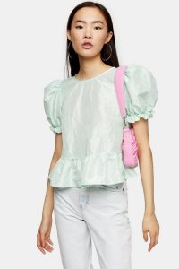 TOPSHOP Mint Bow Back Taffeta Top – puff sleeved blouse