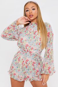 IN THE STYLE MULTI FLORAL TIE WAIST PLAYSUIT – high neck frill trimmed playsuits