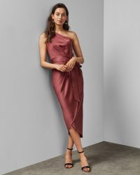 TED BAKER GABIE One shoulder drape midi dress in mid pink / wrap style occasion dresses