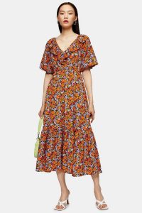 TOPSHOP Orange Floral Print V Neck Frill Midi Dress