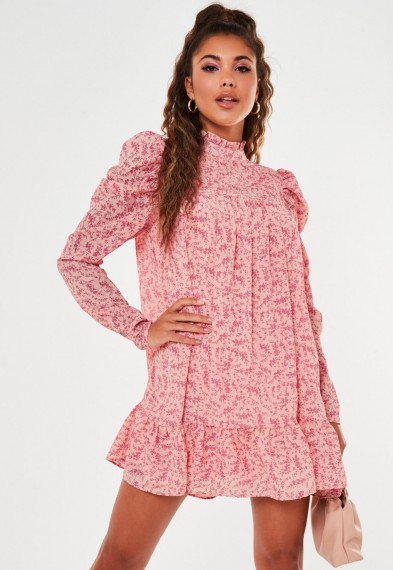 Missguided Pink Ditsy Floral High Neck Puff Sleeve Smock Dress