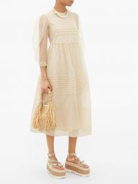 SIMONE ROCHA Pintuck-pleated tulle midi dress in beige | feminine sheer sleeve dresses