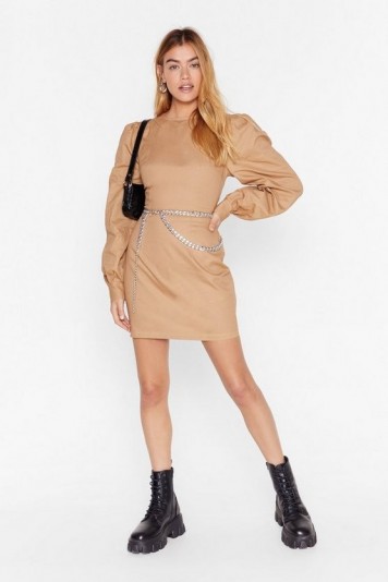 NASTY GAL Puff Up the Jam Balloon Sleeve Mini Dress in camel