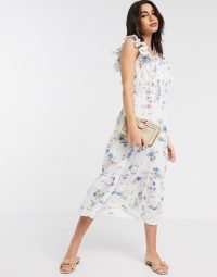 River Island printed tiered dress in white / ruffle edged details