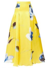 CAROLINA HERRERA Rose-print pleated silk-gazar maxi skirt in yellow / spring fashion 2020