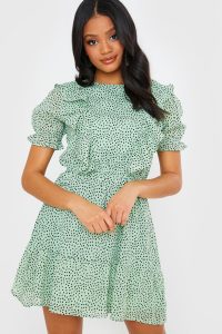 IN THE STYLE SAGE POLKA DOT MINI FRILL DRESS – ruffled green dresses