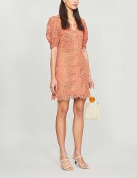 SANDRO Livan lace mini dress in coral | sheer sleeved fashion