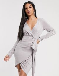 Scarlet Rocks plunge mini jersey dress in taupe / wrap style dresses