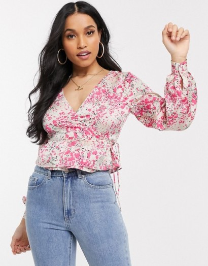 Vero Moda Petite wrap blouse with peplum hem in pink floral