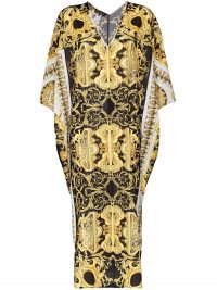 VERSACE Baroque print maxi kaftan dress in black and yellow