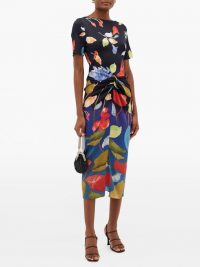 PETER PILOTTO Waterflower-print knotted-front silk-blend dress in black ~ bright multi-coloured dresses