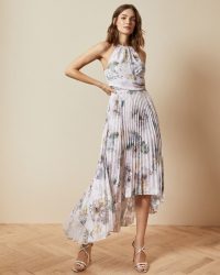 TED BAKER DANIIEY Woodland pleated maxi dress in pale pink / asymmetric occasion wear