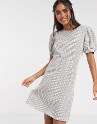 Y.A.S puff sleeve mini dress in cream check