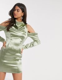 ASOS DESIGN cold shoulder satin mini dress in soft khaki