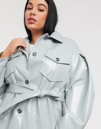 ASOS DESIGN Curve vinyl tie waist jacket in cornflower blue – plus size outerwear