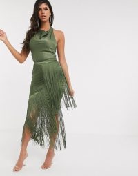 ASOS DESIGN halter top and fringe skirt co-ord in khaki